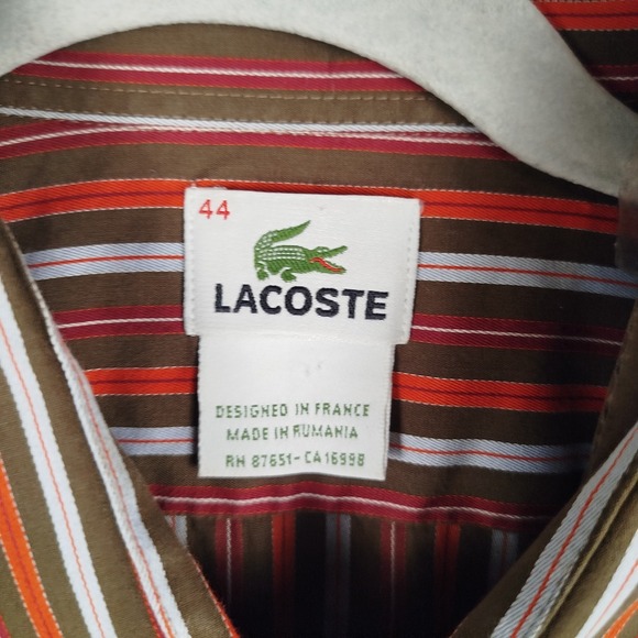 Lacoste Brown Red Striped Long Sleeve Button Shirt Mens 44 XL Casual 100% Cotton - Picture 7 of 8